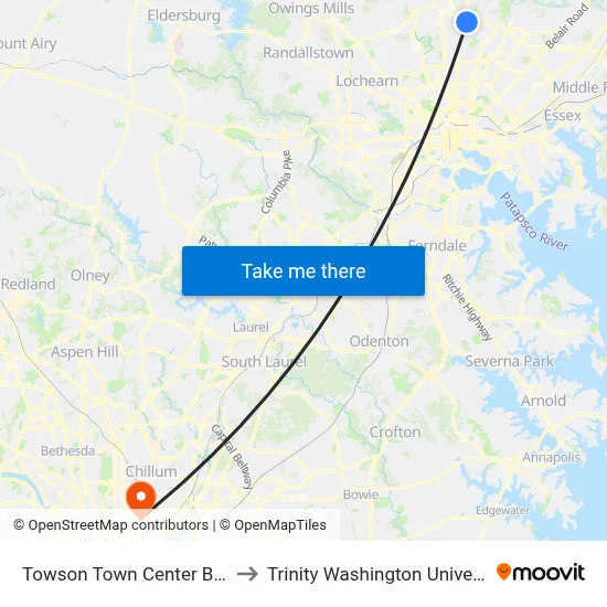 Towson Town Center Bay 1 to Trinity Washington University map