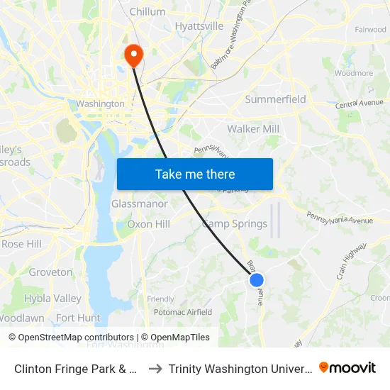 Clinton Fringe Park & Ride to Trinity Washington University map