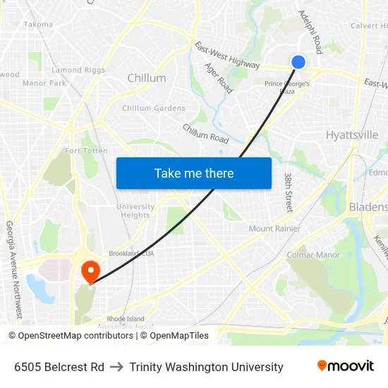 6505 Belcrest Rd to Trinity Washington University map