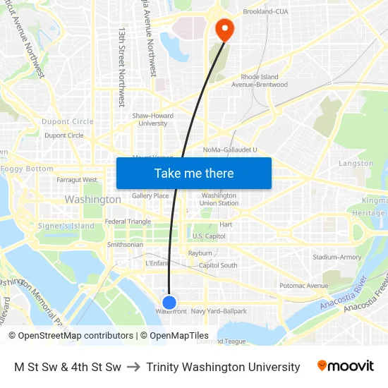 M St Sw & 4th St Sw to Trinity Washington University map