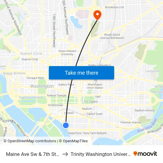 Maine Ave Sw  & 7th St Sw to Trinity Washington University map