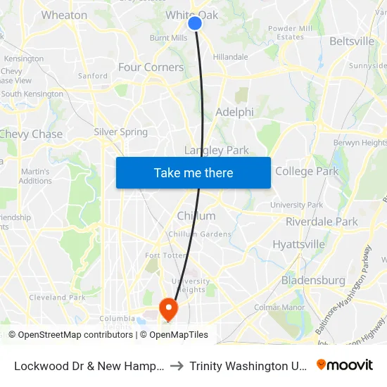 Lockwood Dr & New Hampshire Ave to Trinity Washington University map
