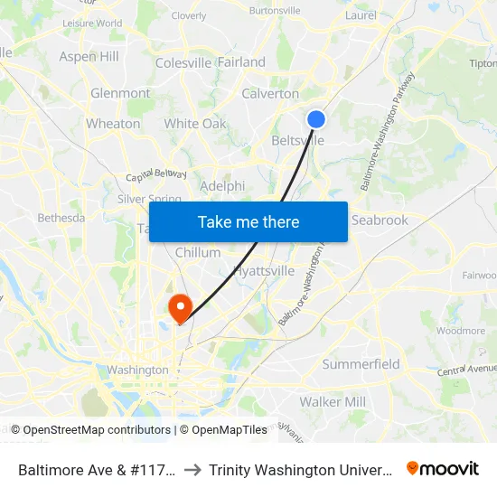 Baltimore Ave & #11712 to Trinity Washington University map