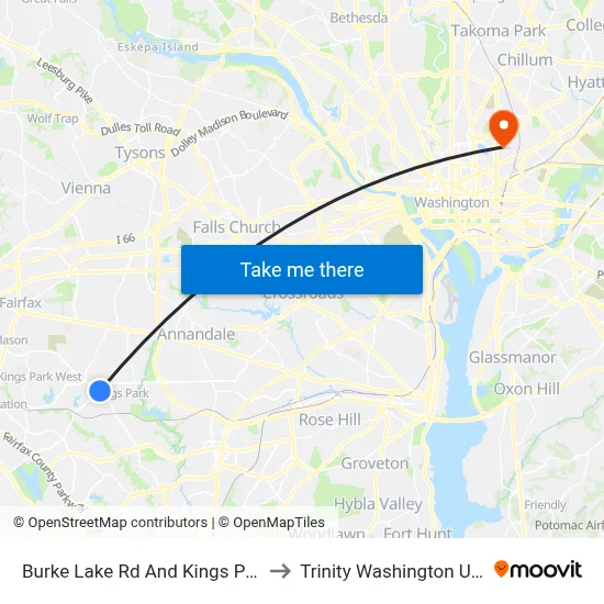 Burke Lake Rd And Kings Park Library to Trinity Washington University map