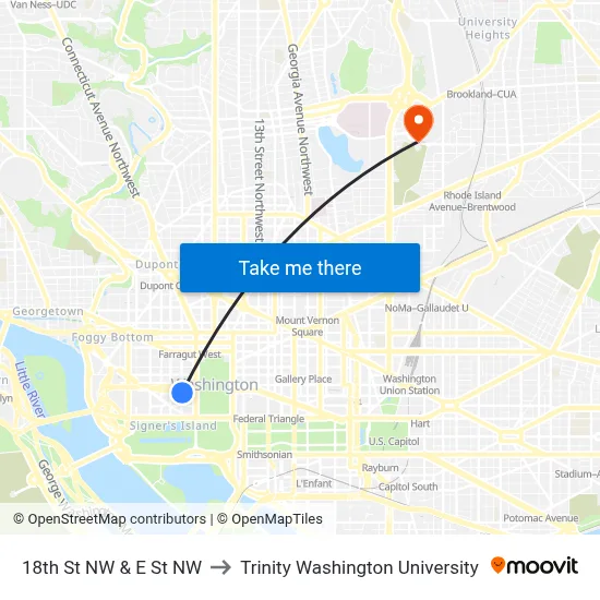 18th St NW & E St NW to Trinity Washington University map