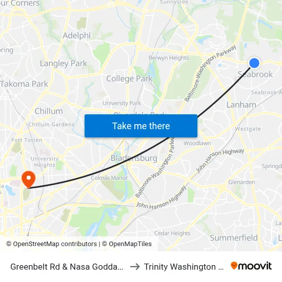 Greenbelt Rd & Nasa Goddard Main Gate to Trinity Washington University map