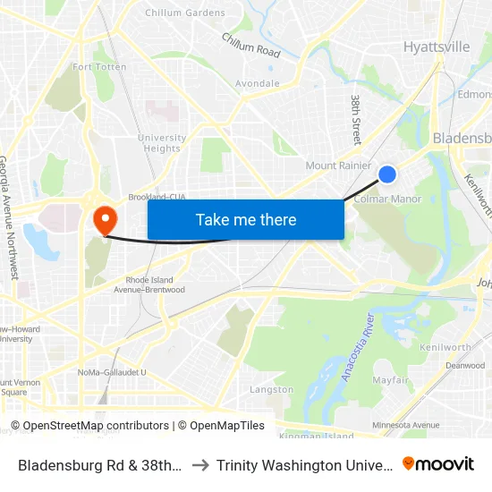 Bladensburg Rd & 38th Ave to Trinity Washington University map