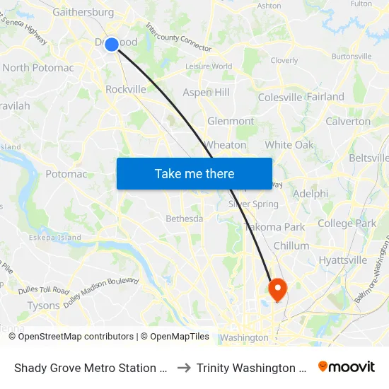 Shady Grove Metro Station & Bus Bay C to Trinity Washington University map