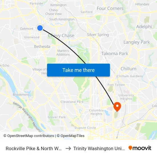 Rockville Pike & North Wood Rd to Trinity Washington University map