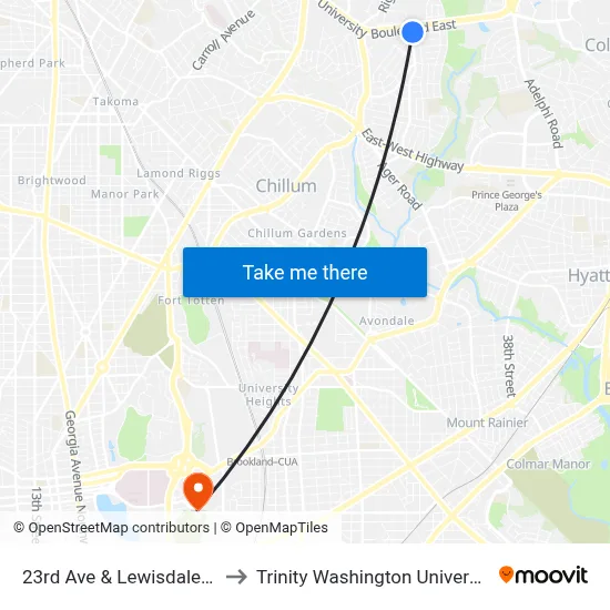 23rd Ave & Lewisdale Dr to Trinity Washington University map