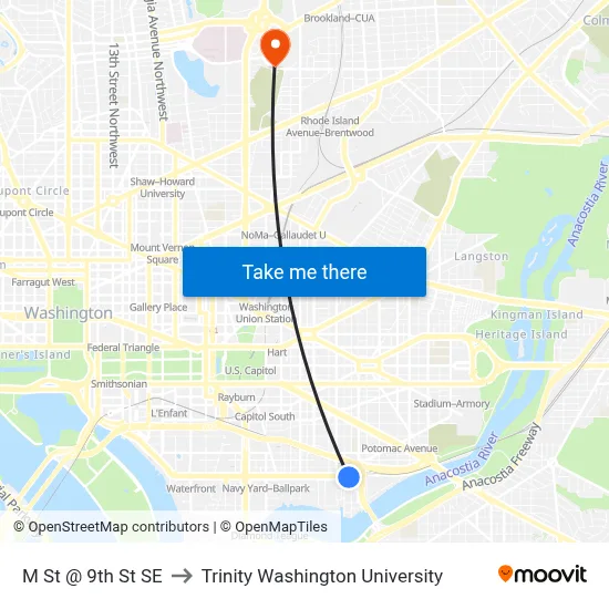 M St @ 9th St SE to Trinity Washington University map