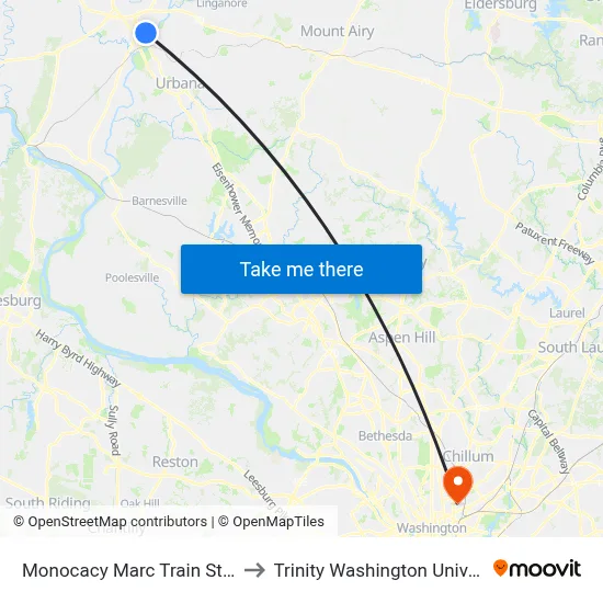 Monocacy Marc Train Station to Trinity Washington University map