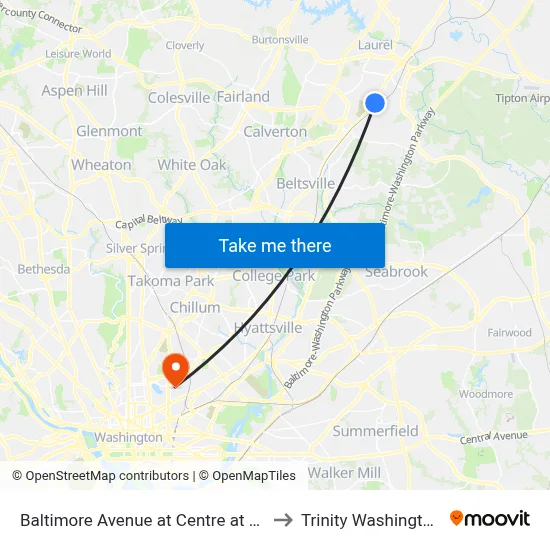Baltimore Avenue at Centre at Laurel (Northbound) to Trinity Washington University map