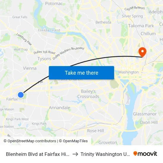 Blenheim Blvd at Fairfax High School to Trinity Washington University map