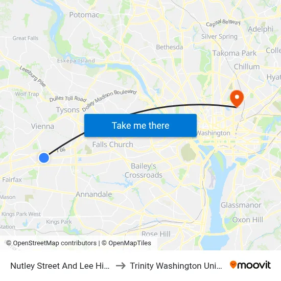 Nutley Street And Lee Highway to Trinity Washington University map