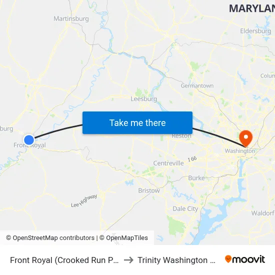 Front Royal (Crooked Run Park & Ride) to Trinity Washington University map