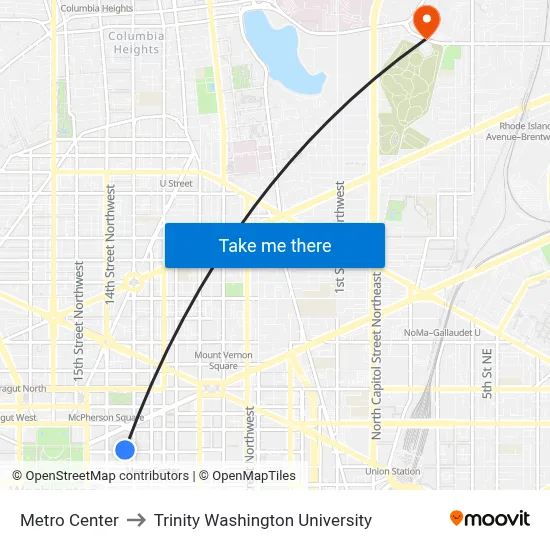 Metro Center to Trinity Washington University map