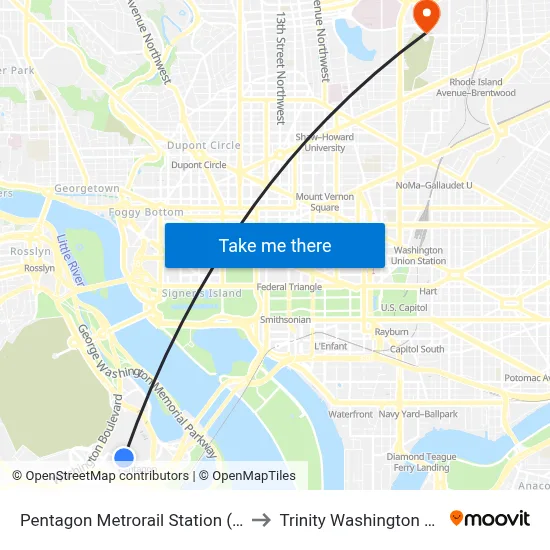 Pentagon Metrorail Station (Bus Bay L7) to Trinity Washington University map