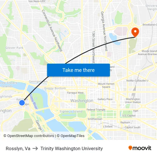 Rosslyn, Va to Trinity Washington University map