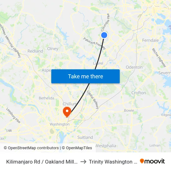 Kilimanjaro Rd / Oakland Mills High School to Trinity Washington University map