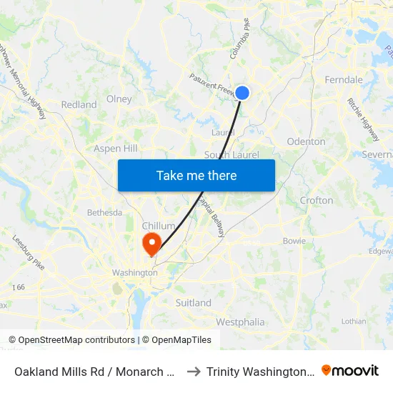 Oakland Mills Rd / Monarch Mills Way South to Trinity Washington University map