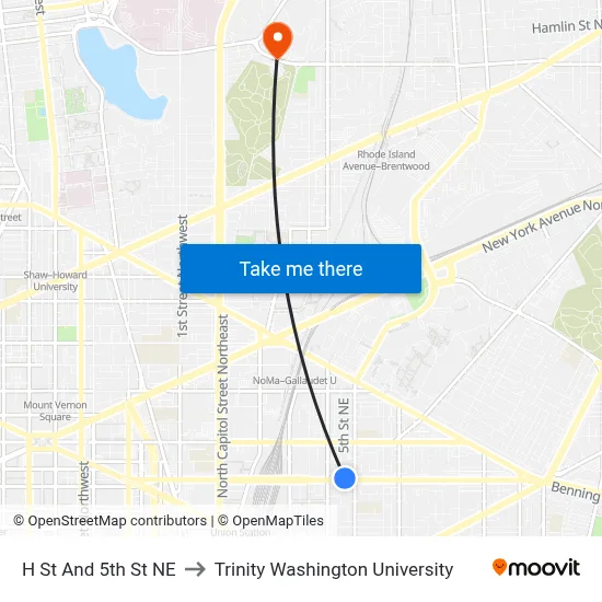 H St And 5th St NE to Trinity Washington University map