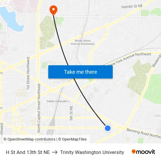 H St And 13th St NE to Trinity Washington University map