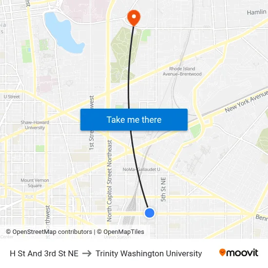 H St And 3rd St NE to Trinity Washington University map