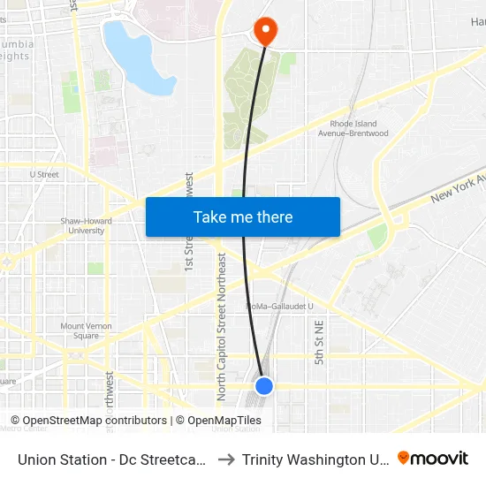 Union Station - Dc Streetcar / H Street to Trinity Washington University map