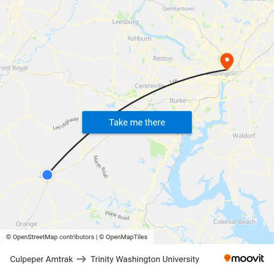 Culpeper Amtrak to Trinity Washington University map