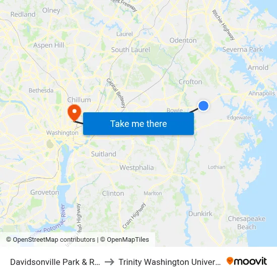 Davidsonville Park & Ride to Trinity Washington University map