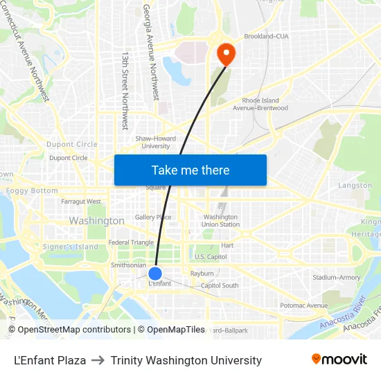 L'Enfant Plaza to Trinity Washington University map