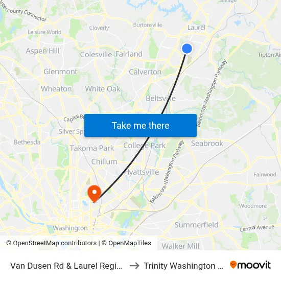 Van Dusen Rd & Laurel Regional Hospital to Trinity Washington University map