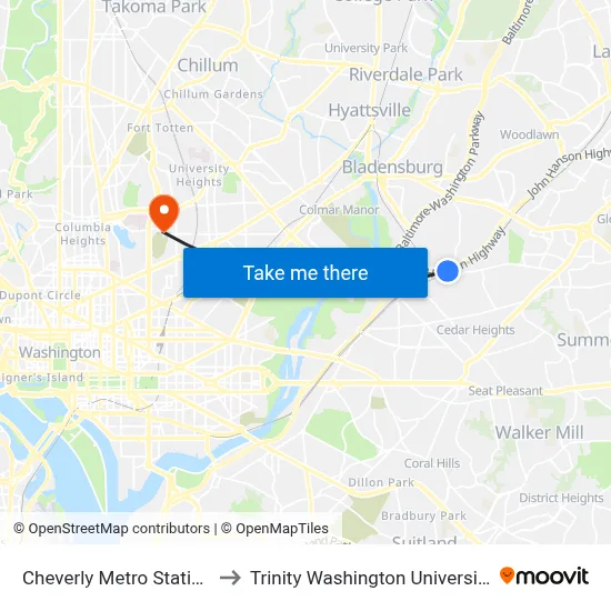 Cheverly Metro Station to Trinity Washington University map