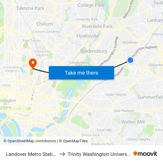 Landover Metro Station to Trinity Washington University map