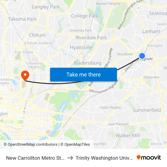 New Carrollton Metro Station to Trinity Washington University map