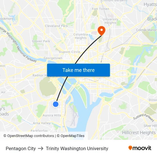 Pentagon City to Trinity Washington University map