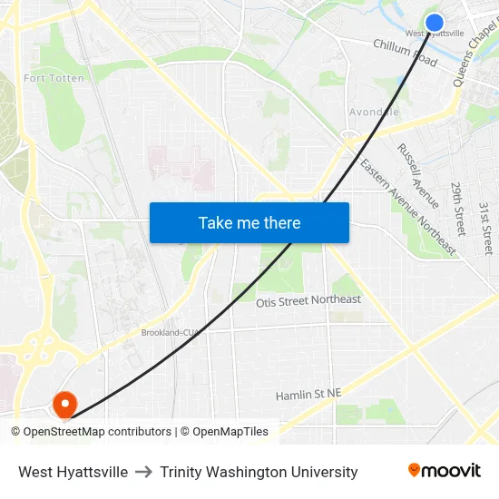 West Hyattsville to Trinity Washington University map