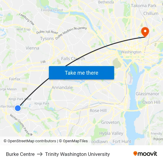 Burke Centre to Trinity Washington University map