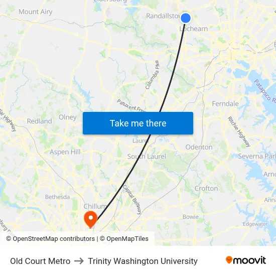 Old Court Metro to Trinity Washington University map