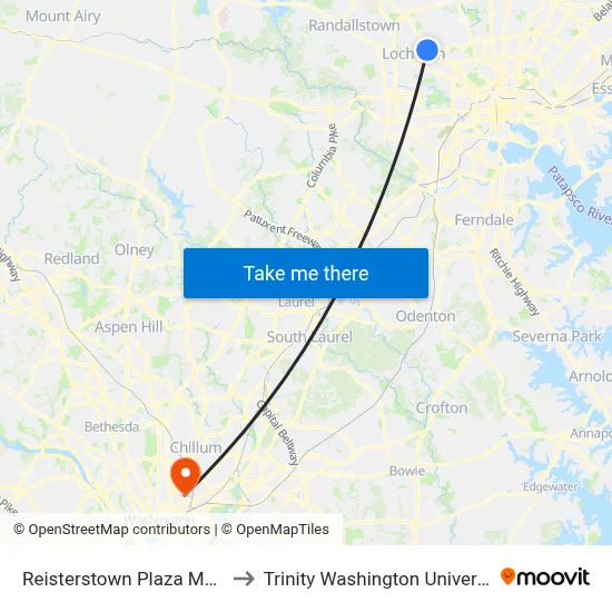 Reisterstown Plaza Metro to Trinity Washington University map