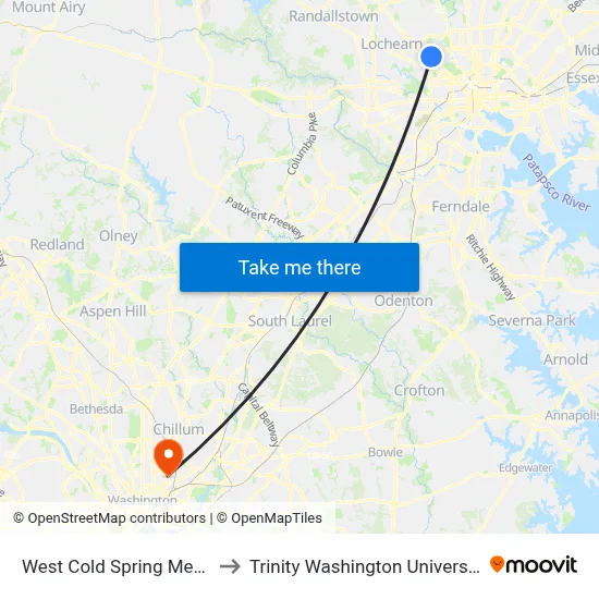 West Cold Spring Metro to Trinity Washington University map