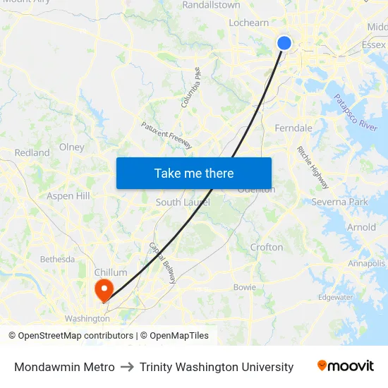 Mondawmin Metro to Trinity Washington University map