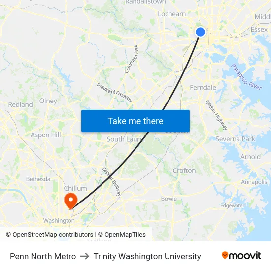 Penn North Metro to Trinity Washington University map