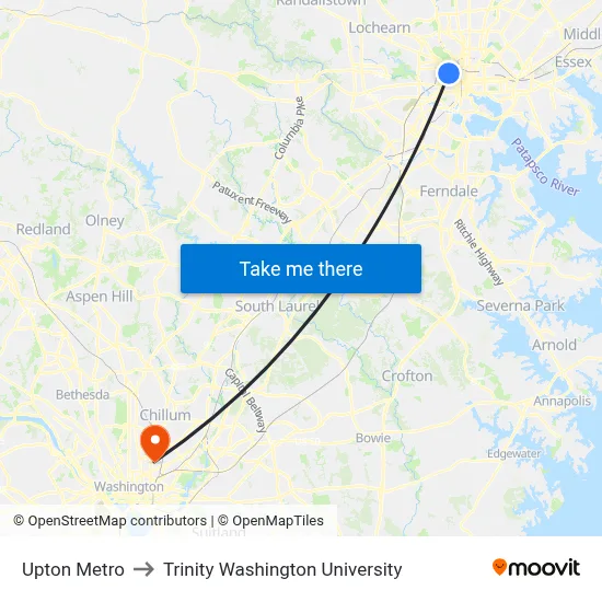 Upton Metro to Trinity Washington University map