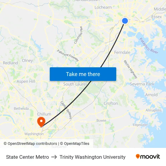 State Center Metro to Trinity Washington University map