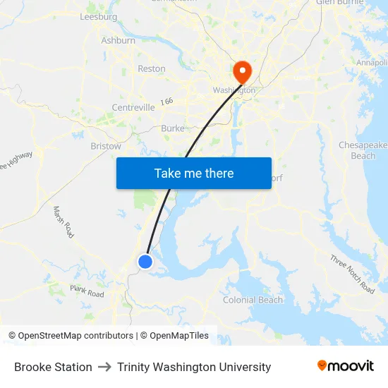 Brooke Station to Trinity Washington University map