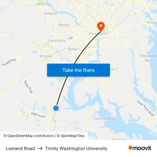 Leeland Road to Trinity Washington University map
