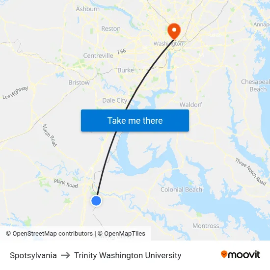 Spotsylvania to Trinity Washington University map