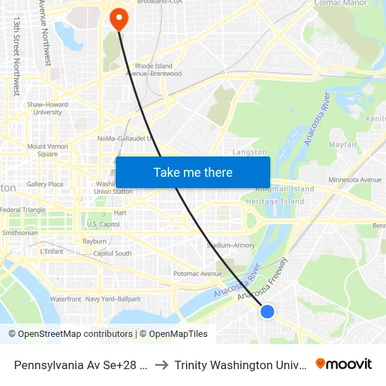 Pennsylvania Av Se+28 St SE to Trinity Washington University map